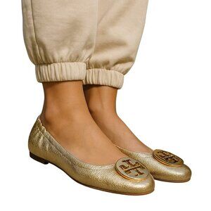 Tory Burch Reva Flats Gold Crinkle Leather Gold Logo Minnie Women's 6.5 M